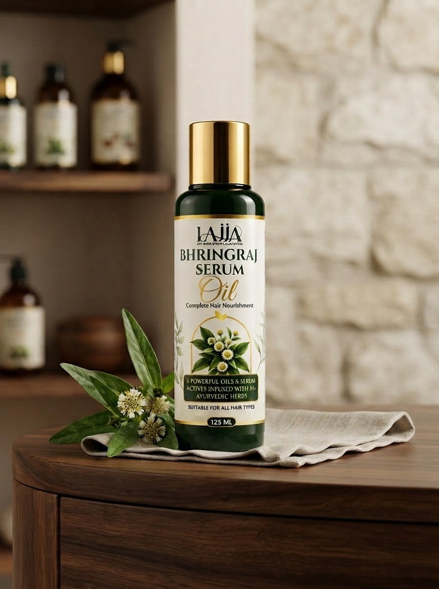 Lajja Bhringraj Serum Oil on wooden surface
